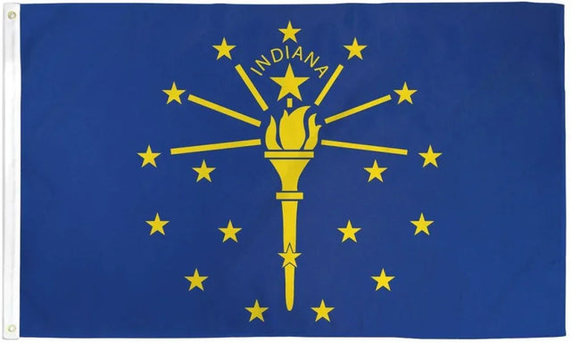 Indiana state flag with gold torch and stars on blue background