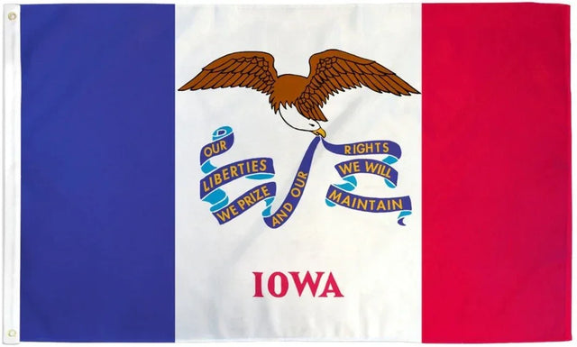 Iowa state flag with blue, white, red stripes, eagle, and 'Iowa' text on Proud & Free store