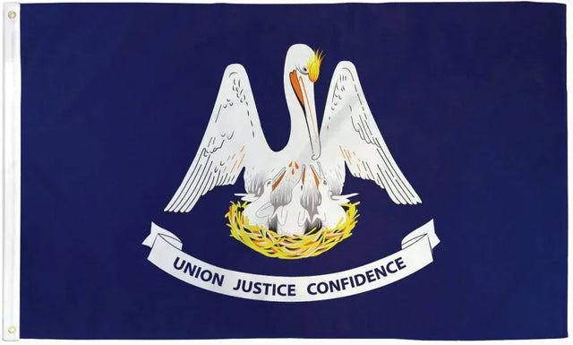 Louisiana state flag with pelican feeding chicks and 'Union Justice Confidence' motto