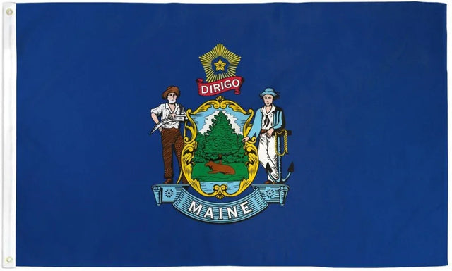 Maine state flag with blue background, state seal and 'Dirigo' motto, Proud & Free store