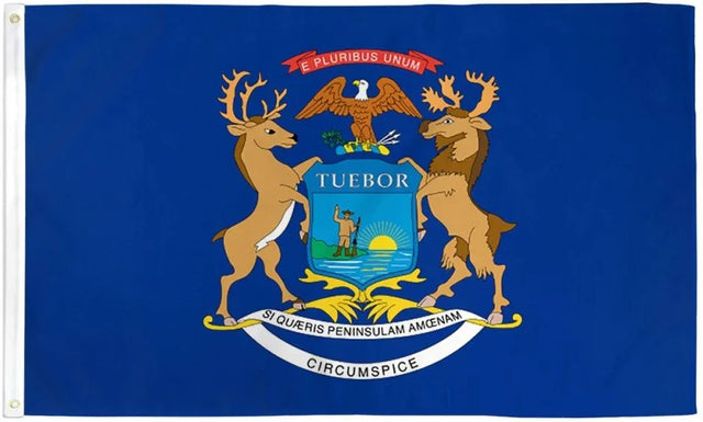 Michigan state flag 3x5ft, blue background with state coat of arms, deer and elk, Proud & Free