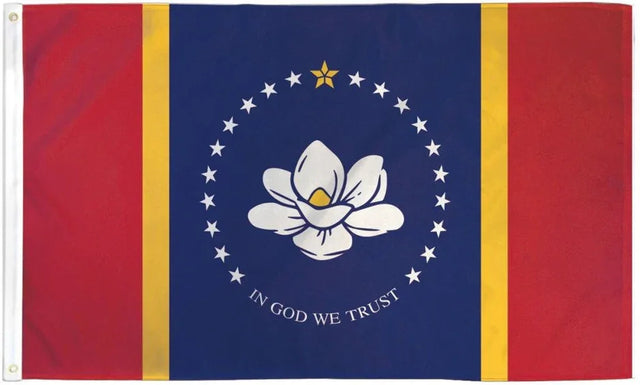 Mississippi state flag with magnolia, stars, and 'In God We Trust' on red, blue, gold stripes