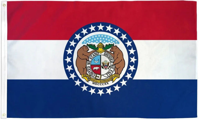 Missouri state flag with red, white, and blue stripes and the state seal centered.