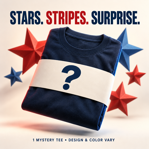 Proud & Free mystery tee — one shirt supplied; design and color vary. Illustrative product image.