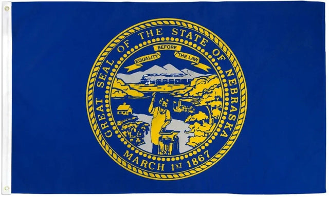 Nebraska state flag blue with yellow state seal, mountains, and river, Proud & Free store