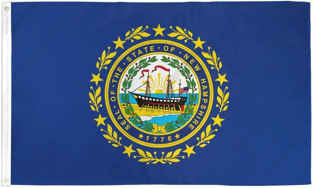 New Hampshire state flag with seal, blue background and golden laurel, Proud & Free store