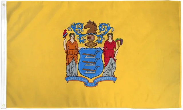 New Jersey state flag with yellow background and detailed coat of arms, liberty and prosperity design