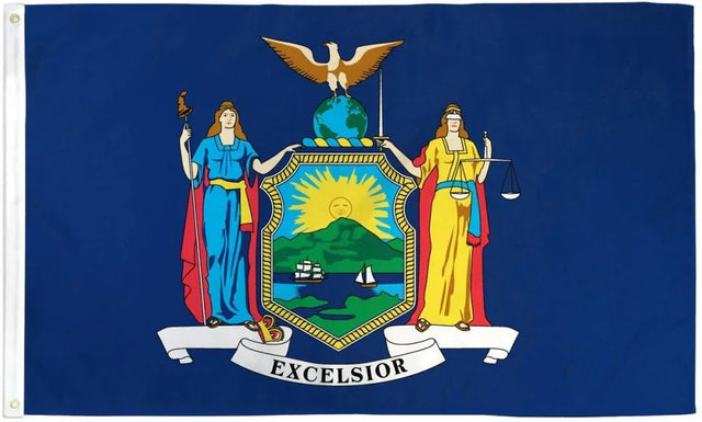 New York state flag with coat of arms, blue background, eagle, and Excelsior banner