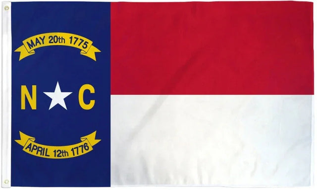 North Carolina state flag, 3x5ft, red, white, and blue with gold text, Proud & Free