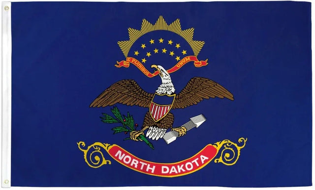 North Dakota state flag featuring a bald eagle, shield, olive branch, arrows, and blue background