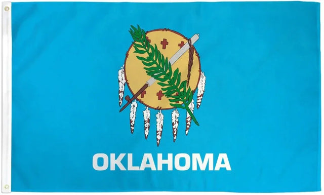 Oklahoma state flag 3x5ft with Osage shield, peace pipe, olive branch on blue background