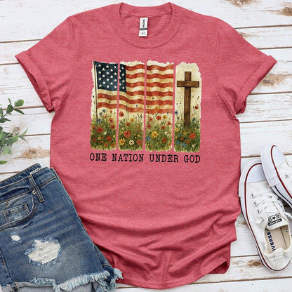 Red patriotic t-shirt with American flag, cross, wildflowers, and 'One Nation Under God' text