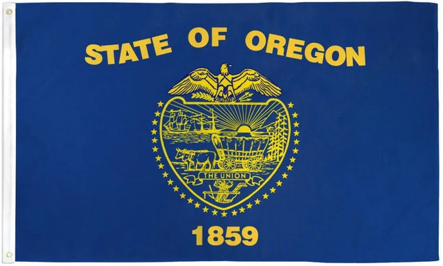 Oregon state flag with gold emblem, eagle, covered wagon, and 'State of Oregon 1859' text