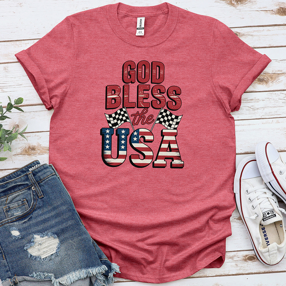 God Bless the USA Tee - Heather Cardinal Red
