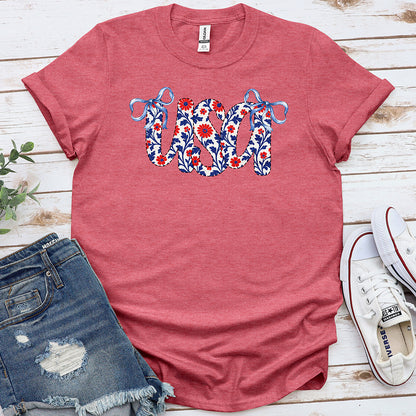 Floral USA Tee - Heather Cardinal Red