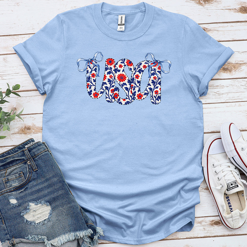 Floral USA Tee - Light Blue