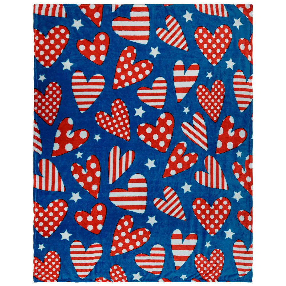 Patriotic plush blanket with red white striped and polka dot hearts on blue background