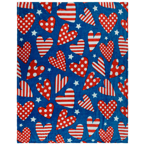 Patriotic plush blanket with red white striped and polka dot hearts on blue background