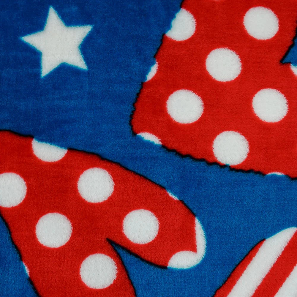 Patriotic plush blanket with blue star and red white polka dot heart design, Proud & Free.