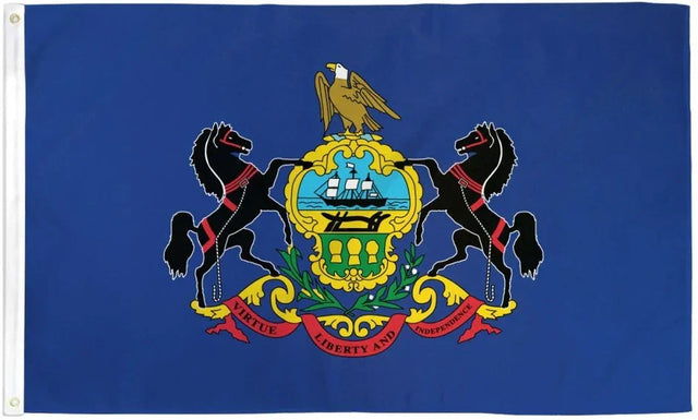 Pennsylvania state flag with blue background, coat of arms, and proud liberty motto