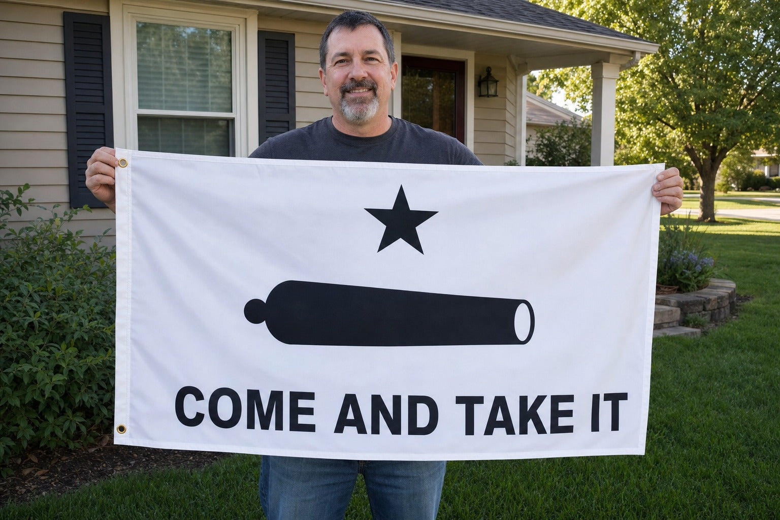 Come and Take It Gonzales Flag held in yard