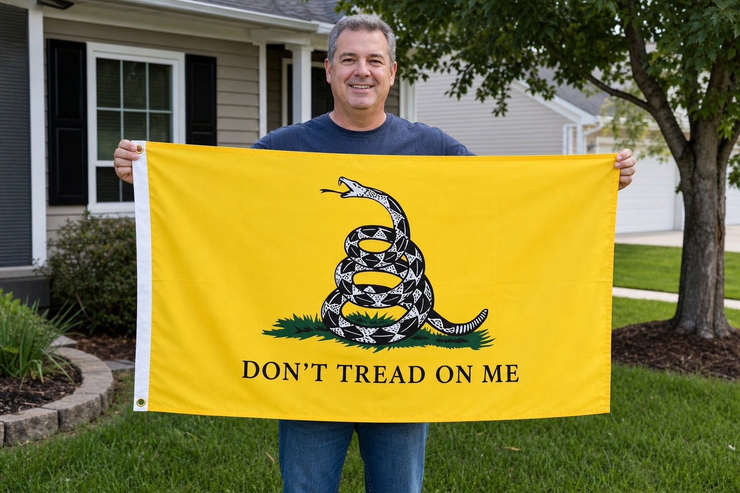 Classic Yellow Don’t Tread On Me Gadsden Flag held in yard