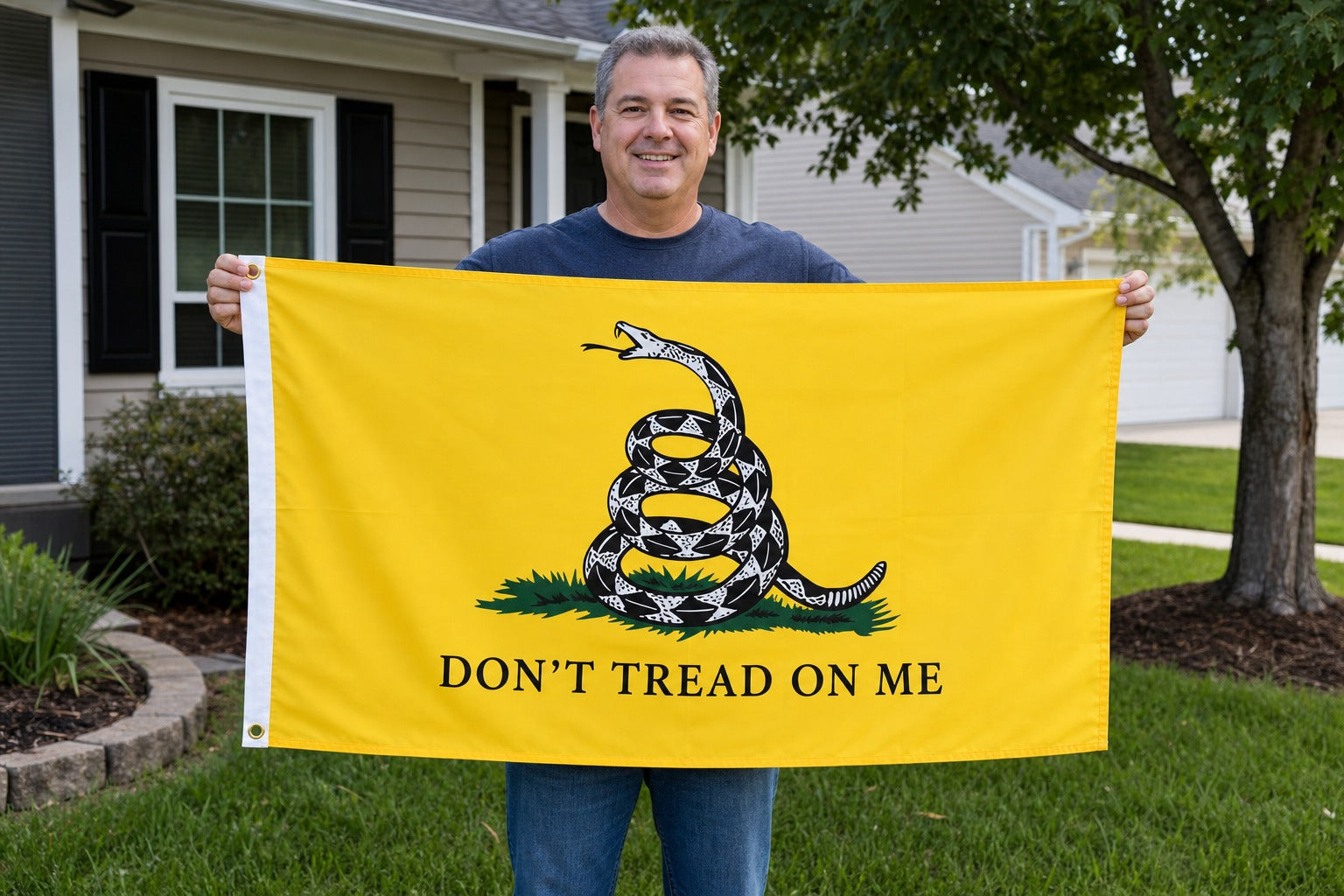 Classic Yellow Don’t Tread On Me Gadsden Flag held in yard