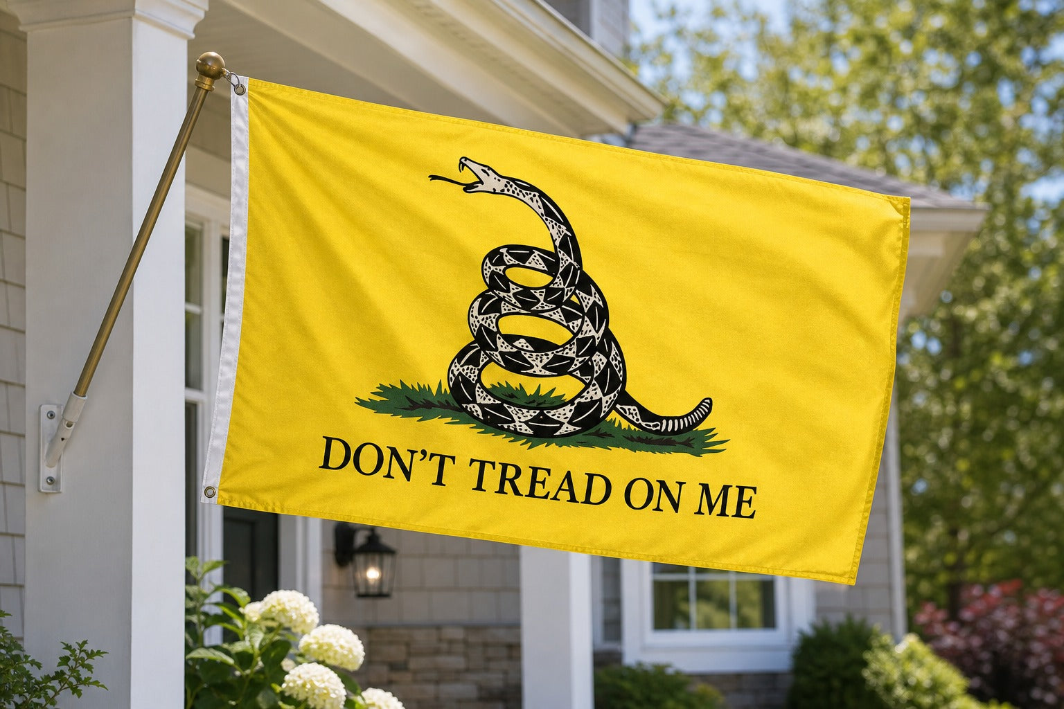Classic Yellow Don’t Tread On Me Gadsden Flag on house-mounted pole