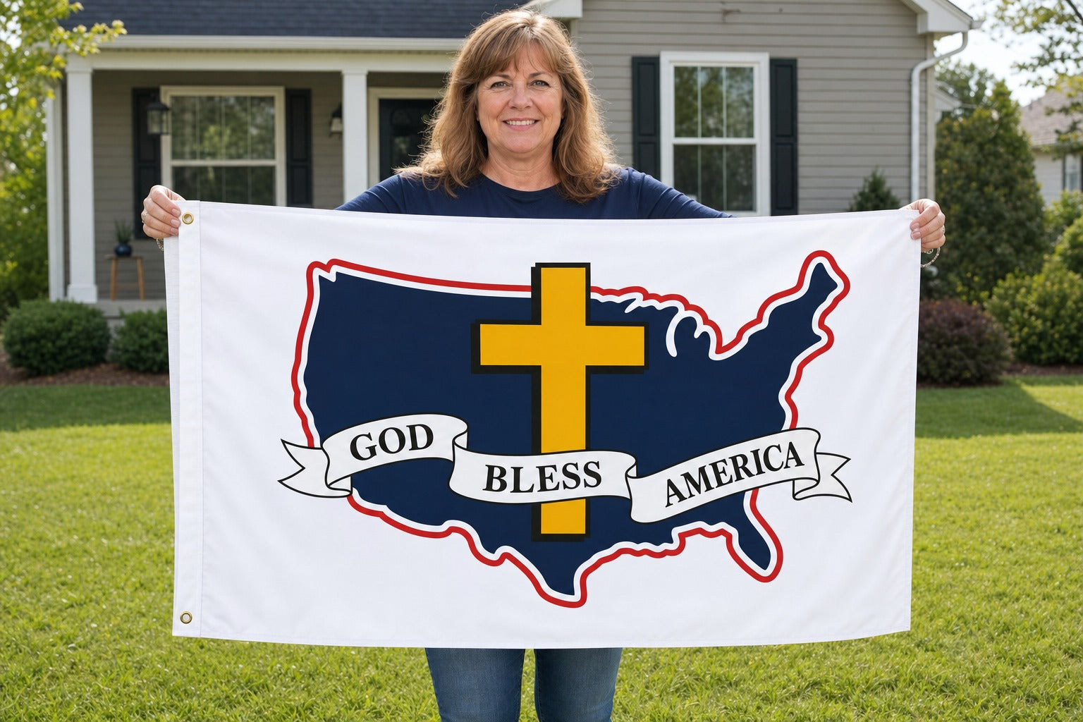 God Bless America Flag held in yard
