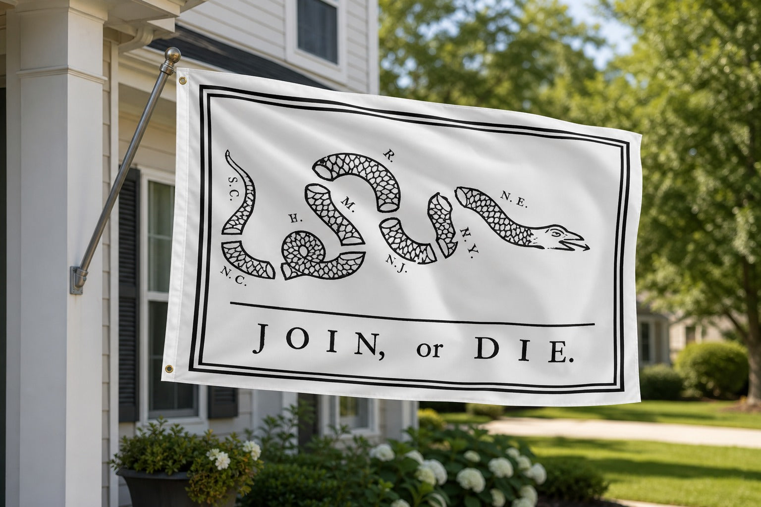 Join or Die Flag on house-mounted pole
