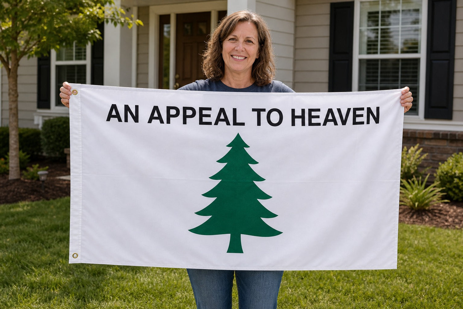 Liberty Tree Appeal To Heaven Flag held in yard