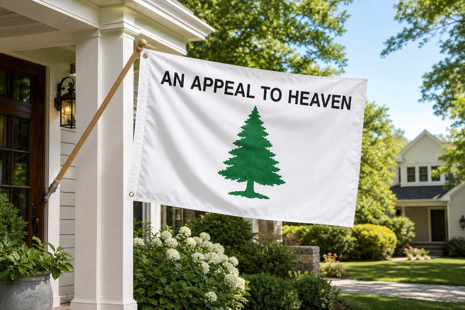Liberty Tree Appeal To Heaven Flag on house-mounted pole