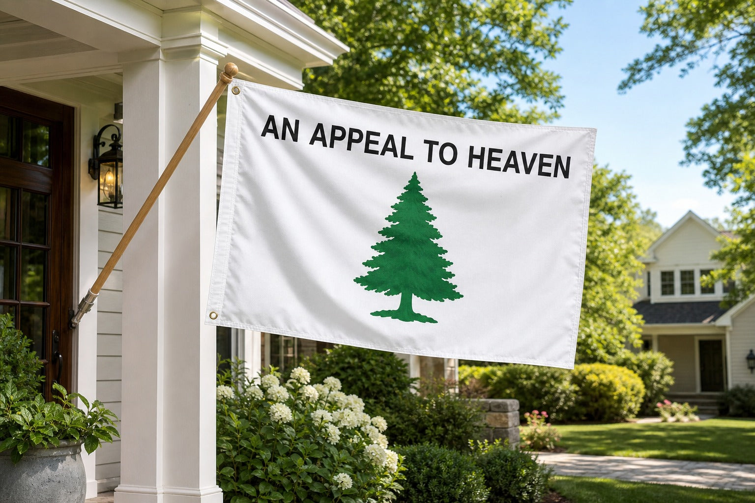 Liberty Tree Appeal To Heaven Flag on house-mounted pole