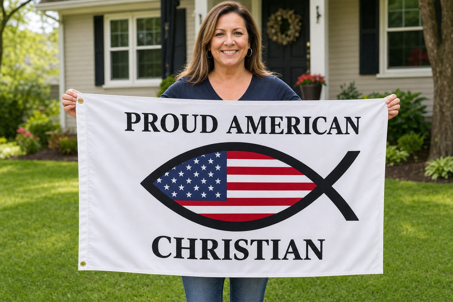 Proud American Christian Flag held in yard