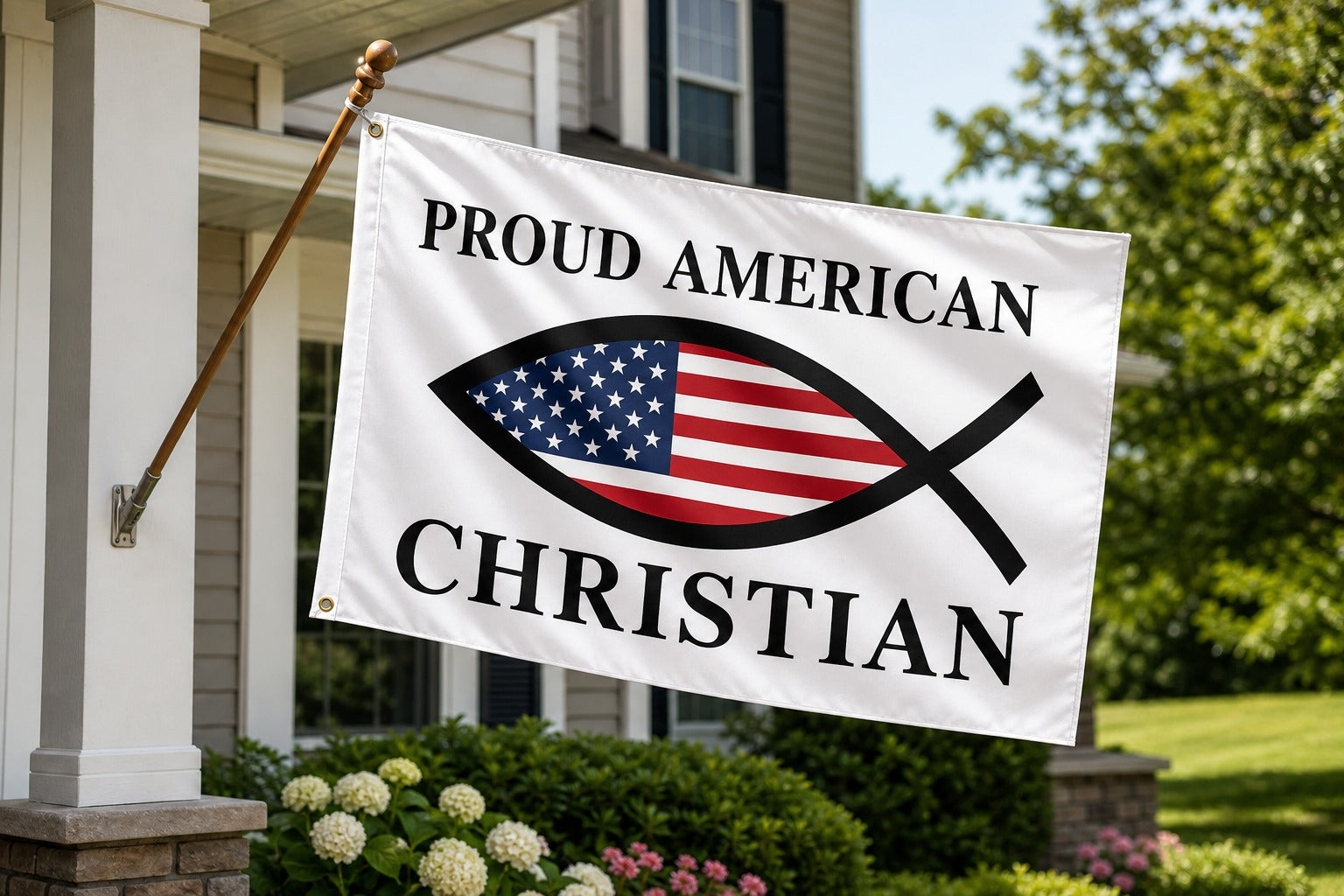 Proud American Christian Flag on house-mounted pole