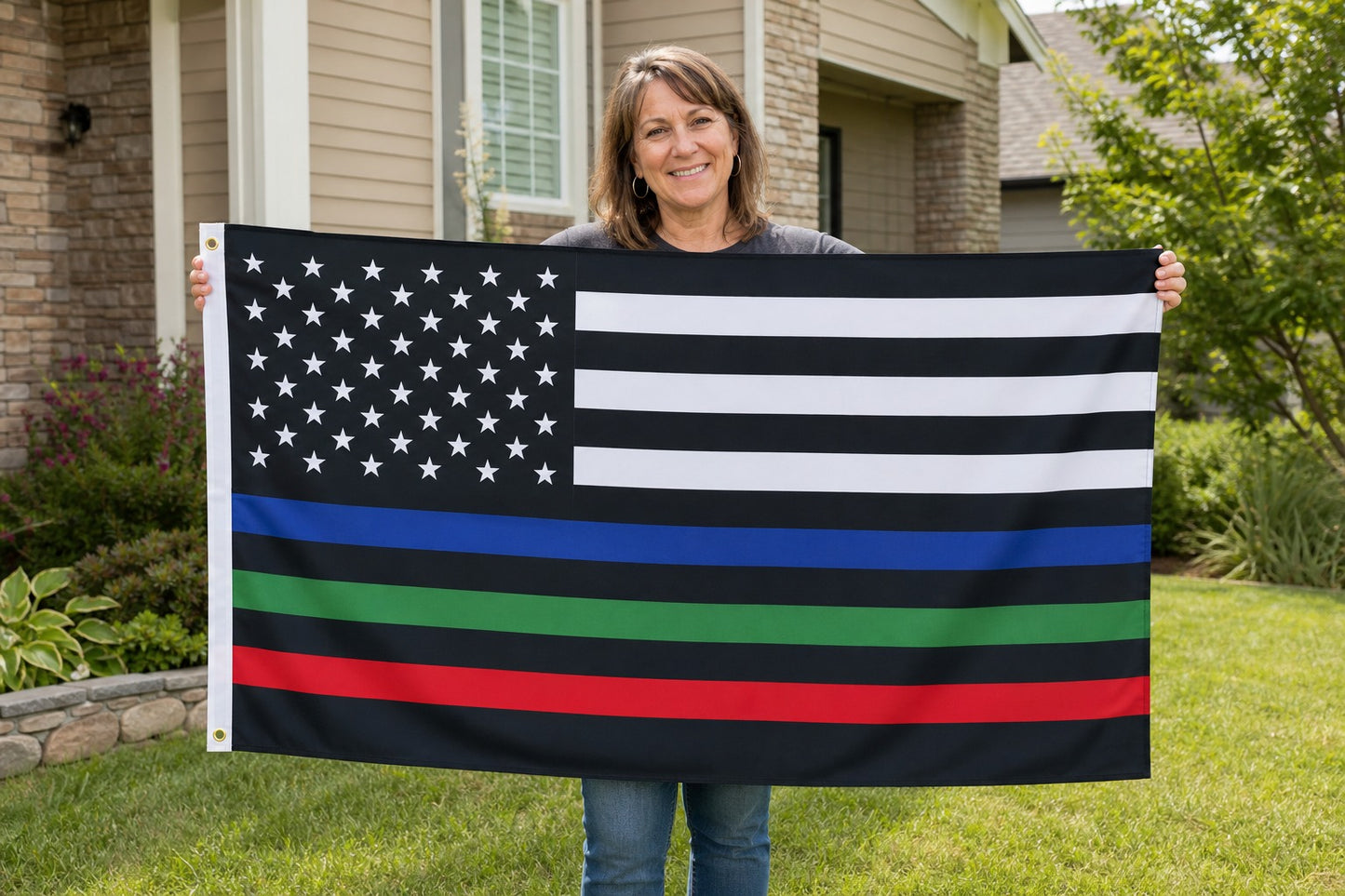 Thin Blue Green Red Line USA Flag held in yard