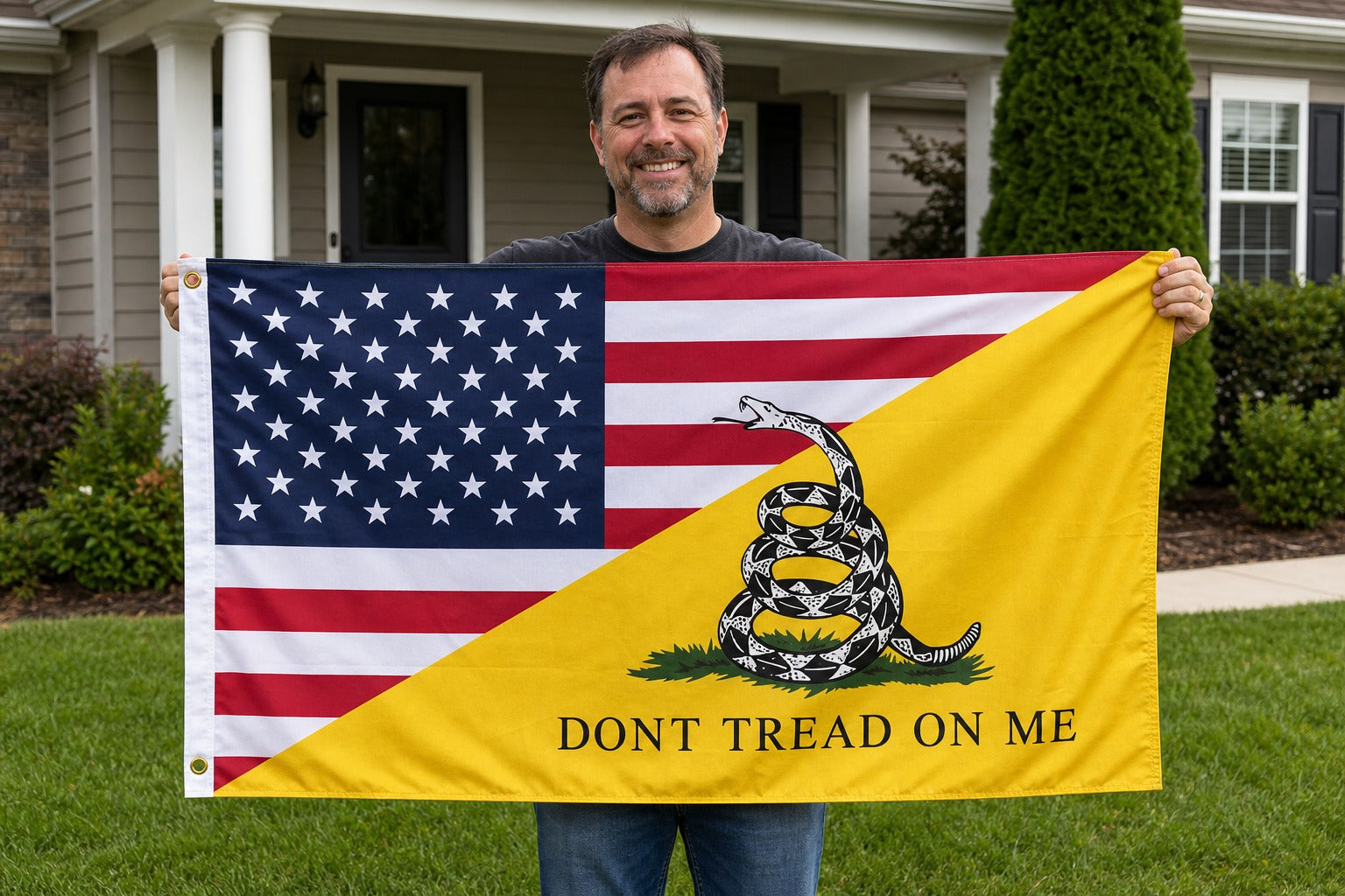 USA Gadsden Combination Flag held in yard