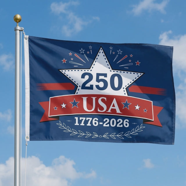 America 250th anniversary flag waving on a flagpole against a blue sky