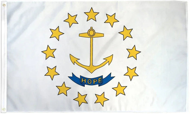 Rhode Island state flag 3x5ft with gold anchor, blue 'Hope' banner, and thirteen gold stars on white