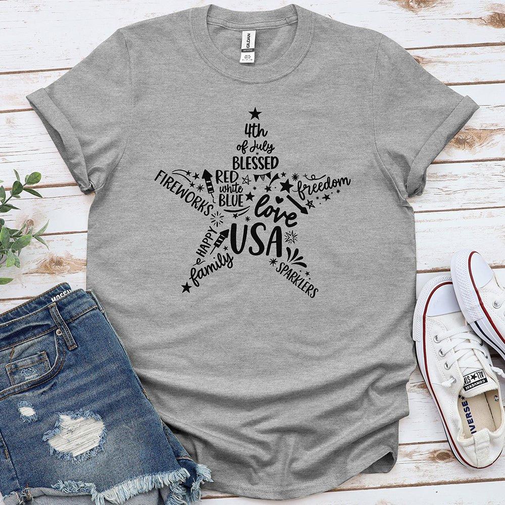 Grey Star of Freedom tee with patriotic USA and 4th of July graphics, styled with denim shorts
