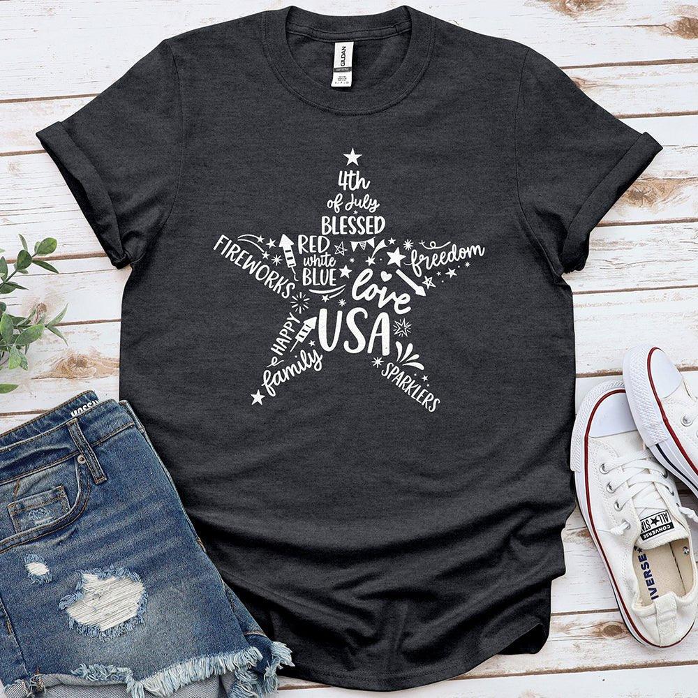 Star of Freedom USA graphic tee with patriotic words, styled with denim shorts and sneakers