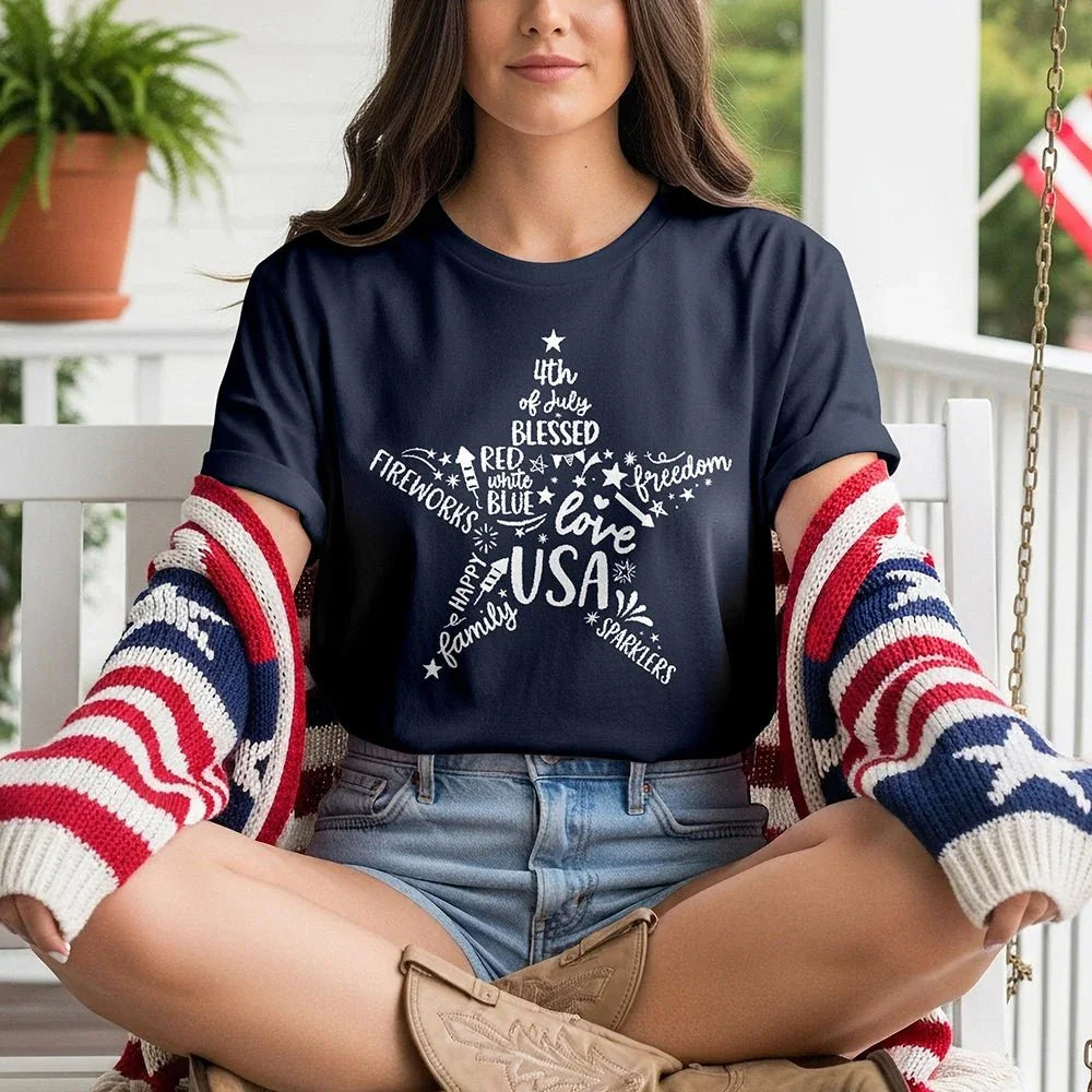 Woman wearing Star of Freedom USA tee, patriotic cardigan, porch swing, Proud & Free style