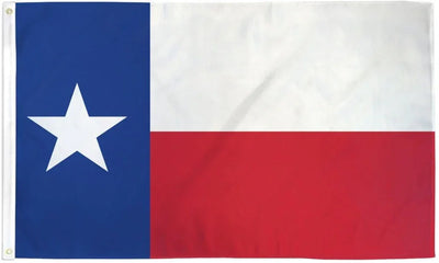 Texas state flag with blue vertical stripe, white star, and red and white horizontal stripes.