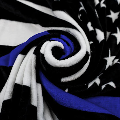 Rolled thin blue line plush blanket with black, white, and blue stripes and white stars