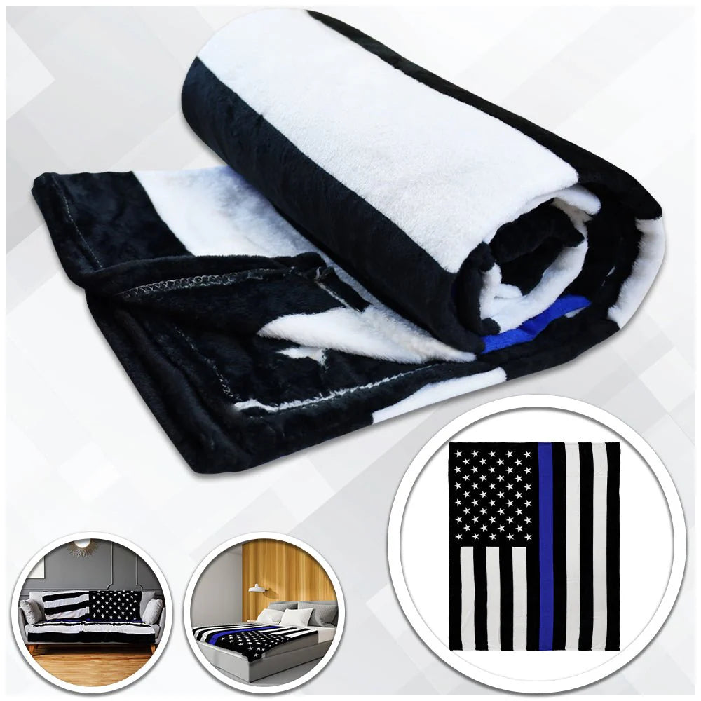 Soft black, white, and blue American flag throw blanket displayed on couch and bed, Proud & Free.