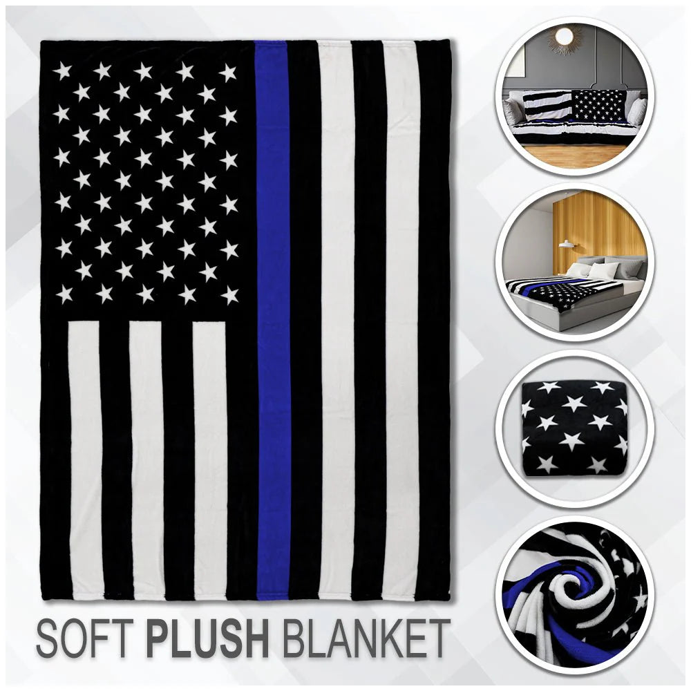 Thin blue line flag soft plush blanket, black and white stars and stripes, featured on bed and couch.