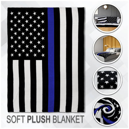 Thin blue line flag soft plush blanket, black and white stars and stripes, featured on bed and couch.