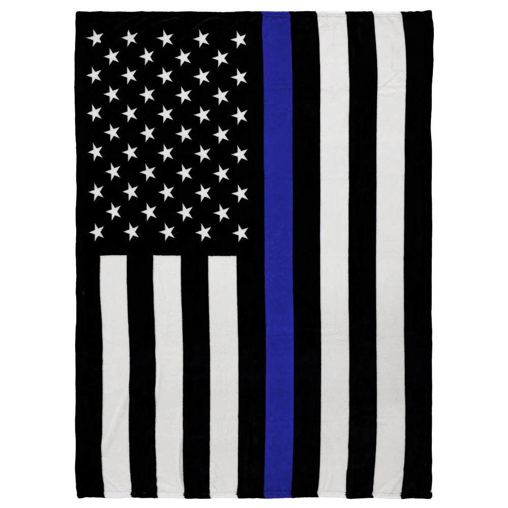 Thin blue line flag plush blanket with black, white, and blue stripes