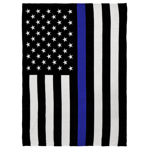 Thin blue line flag plush blanket with black, white, and blue stripes