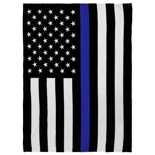 Thin blue line flag plush blanket with black, white, and blue stripes